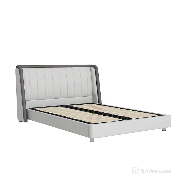 Modern Double Bed With Gray Upholstered Headboard White Frame And Wooden Slats 3d model 