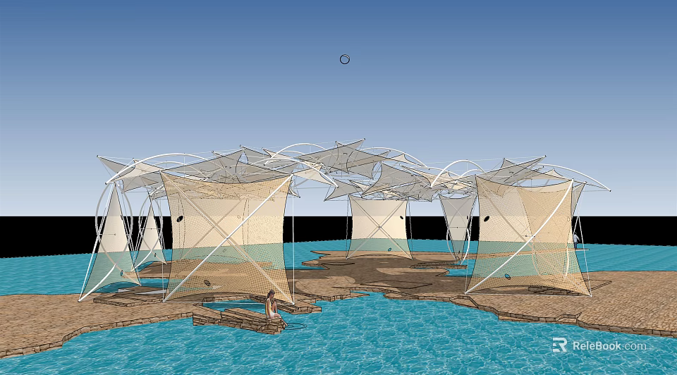 Outdoor Waterfront Pergolas With White Frame Shade Structure And Wooden Deck 3d model