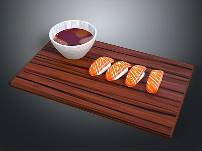 Four Pieces of Fresh Salmon Sushi on Wooden Board with Soy Sauce 3d model