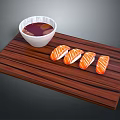 Four Pieces of Fresh Salmon Sushi on Wooden Board with Soy Sauce