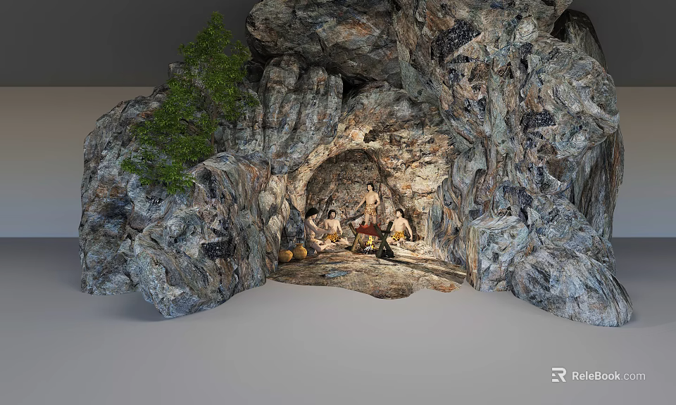Cartoon Scene With Cave Entrance Rocks Green Tree And Characters Near Pumpkins 3d model 