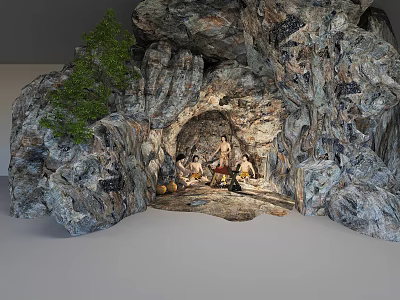 Cartoon Scene With Cave Entrance Rocks Green Tree And Characters Near Pumpkins 3d model