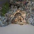 Cartoon Scene With Cave Entrance Rocks Green Tree And Characters Near Pumpkins