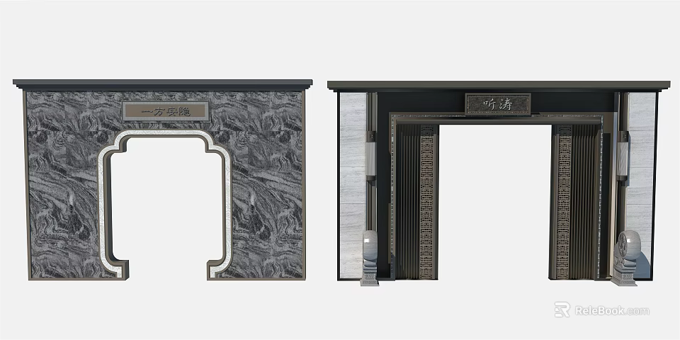 Chinese Style Feature Wall With Intricate Marble Patterns And Carved Dark Borders 3d model 