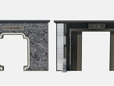 Chinese Style Feature Wall With Intricate Marble Patterns And Carved Dark Borders 3d model