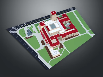 Cartoon Scene of Building Complex With Red Roofs Tower Plaza Roads And Green Areas 3d model