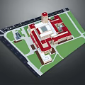 Cartoon Scene of Building Complex With Red Roofs Tower Plaza Roads And Green Areas