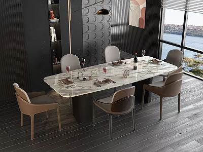 Modern Dining Table Set With Marble Top Six Chairs And Pendant Light 3d model