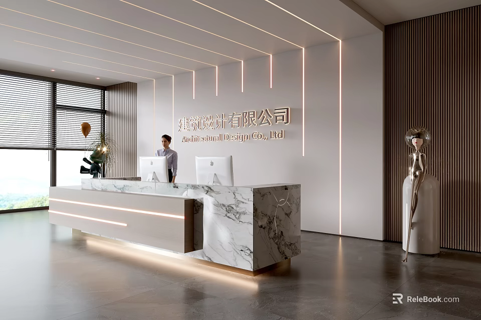Modern Luxury Marble Office Reception Desk With Professional Receptionist And Stylish Ambient Linear Lights 3d model 