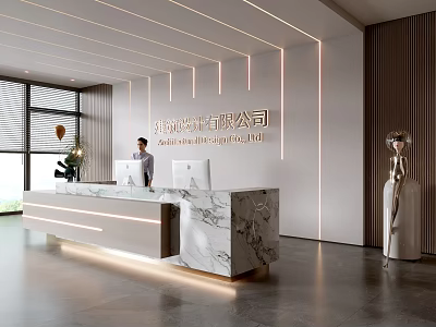 Modern Luxury Marble Office Reception Desk With Professional Receptionist And Stylish Ambient Linear Lights 3d model