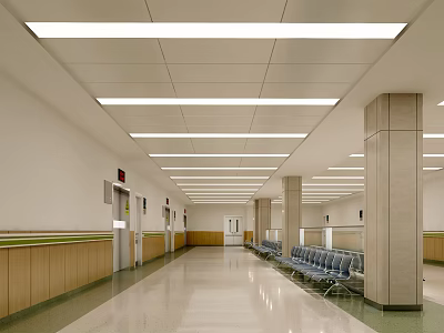 Hospital Outpatient Clinic Corridor With White Ceiling Long Strip Lights Wooden Trim And Blue Seats 3d model