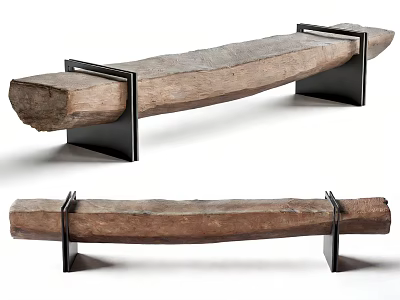 Public Chair With Wooden Log Seat And Black Metal Bracket Support 3d model