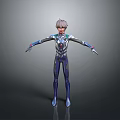 Futuristic 3D Character Model With Gray Hair Blue Silver Suit Arms Outstretched