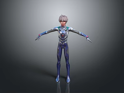 Futuristic 3D Character Model With Gray Hair Blue Silver Suit Arms Outstretched 3d model