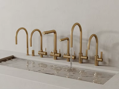 Different Styles Brushed Gold Faucets On White Countertop With Flowing Water 3d model