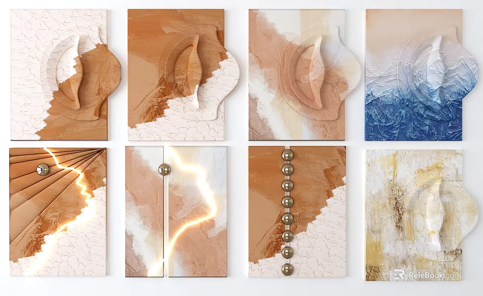 Modern Decorative Wall Panels Featuring Textured Surfaces Brown Beige Blue Gold Tones And Metallic Details 3d model 