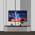 Modern TV Stand with Decorative Vase Plants and Cosmic TV Screen
