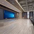 Spacious Conference Room Interior With Rows Of Black Seats And Light Wooden Floor