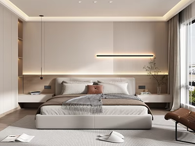 Modern Minimalist Bedroom Interior Design With Large Bed LED Strip Light And Wardrobe 3d model