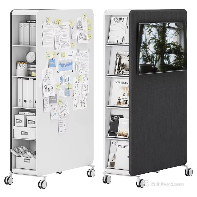 White Mobile Multi Layered Bookshelf With Drawers Sticky Notes Black Panel And Green Plant 3d model 