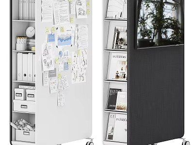 White Mobile Multi Layered Bookshelf With Drawers Sticky Notes Black Panel And Green Plant 3d model
