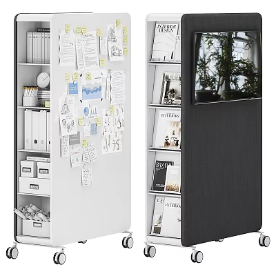 White Mobile Multi Layered Bookshelf With Drawers Sticky Notes Black Panel And Green Plant 3d model