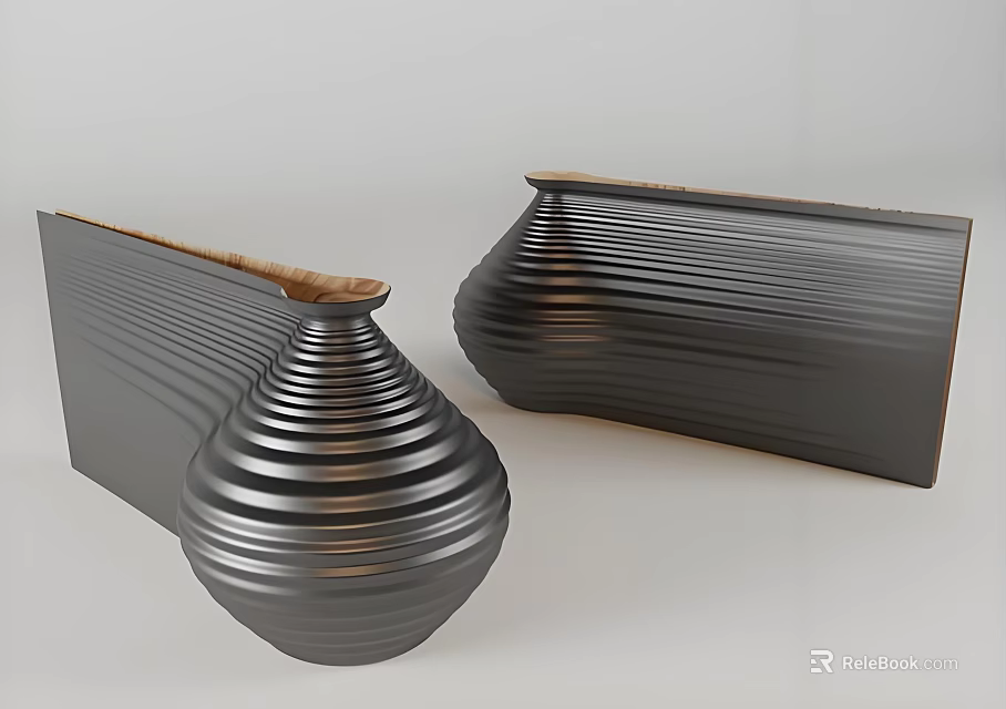 Modern Striped Black Vases With Brown Interior And Rectangular Base Design 3d model