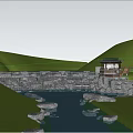 Traditional Chinese Garden Landscape With Waterfall Flowing River Lush Forest Pavilion And Misty Surface