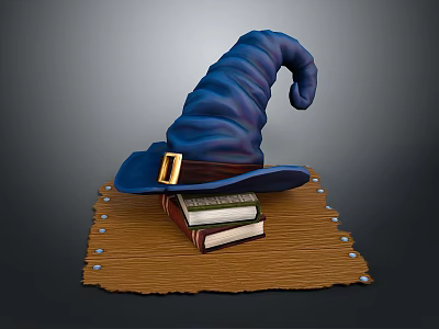 Blue Wizard Hat With Buckle Placed On Stack Of Books Over Rustic Wooden Board 3d model