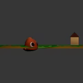 Natural Pond Scene With Green Lily Pads Red Frog And Small Wooden Cabin