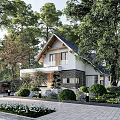Detached Villa Exterior Featuring Gabled Roof Lush Trees Driveway Black Car And Natural Surroundings
