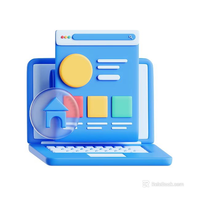 Blue Laptop With Screen Interface Featuring Magnifying Glass Home Icon And Colorful Squares 3d model 