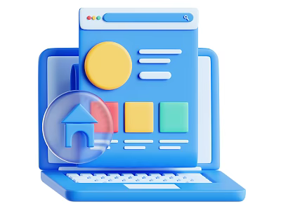 Blue Laptop With Screen Interface Featuring Magnifying Glass Home Icon And Colorful Squares 3d model