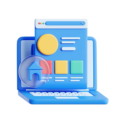 Blue Laptop With Screen Interface Featuring Magnifying Glass Home Icon And Colorful Squares 3d model