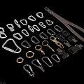 Various Metal Hardware Accessories Including Carabiner Clips D Rings Chains And Belt Buckles