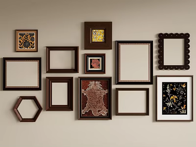 Decorative Picture Frames In Various Shapes And Styles On Wall 3d model