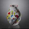 White Vase With Red Rim And Colorful Abstract Decorative Patterns