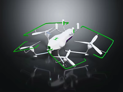 White Multi Rotor Drone Equipment With Green Path Lines And Sensors 3d model