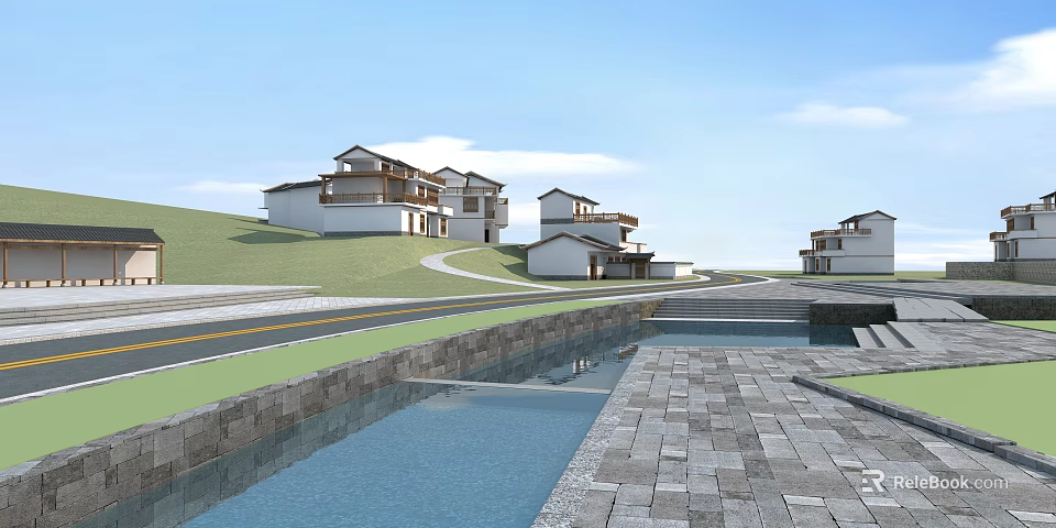 Modern Residential Area With White Buildings Green Lawn And Water Feature 3d model 