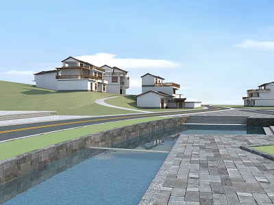 Modern Residential Area With White Buildings Green Lawn And Water Feature 3d model