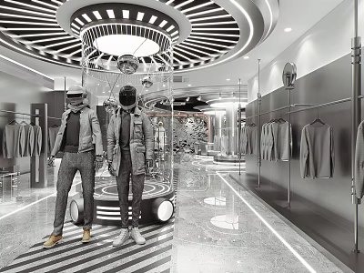 Modern Clothing Store Interior With Mannequins Clothes On Racks Circular Ceiling Design And Bright Lighting 3d model