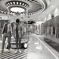 Modern Clothing Store Interior With Mannequins Clothes On Racks Circular Ceiling Design And Bright Lighting