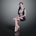 Sitting Woman In Black And White Sleeveless Dress With Red High Heels On Gray Background