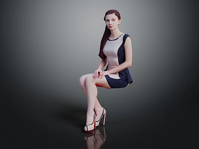 Sitting Woman In Black And White Sleeveless Dress With Red High Heels On Gray Background 3d model