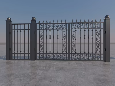Ornate Wrought Iron Gate Featuring Decorative Patterns Spherical Tops and Pillars 3d model