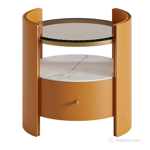 Modern Orange Bedside Table With Glass Top Marble Shelf And Drawer 3d model 