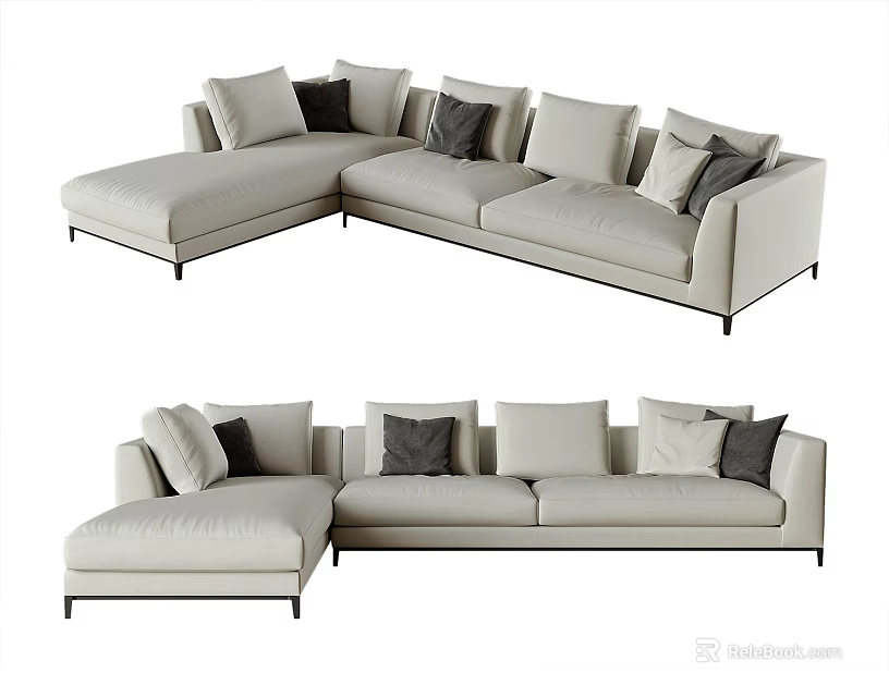 Light Beige Sectional Sofa With Multiple Plush Cushions And Modern Minimalist Design 3d model