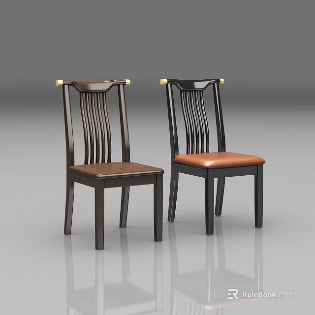 Dark Wooden Dining Chairs With Vertical Slat Backrests Gold Accents And Different Seats 3d model 