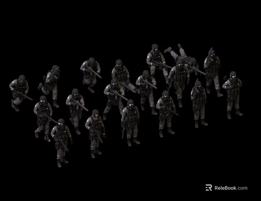 Multiple Men In Military Uniforms Standing Holding Weapons On Black Background 3d model 