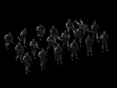Multiple Men In Military Uniforms Standing Holding Weapons On Black Background 3d model